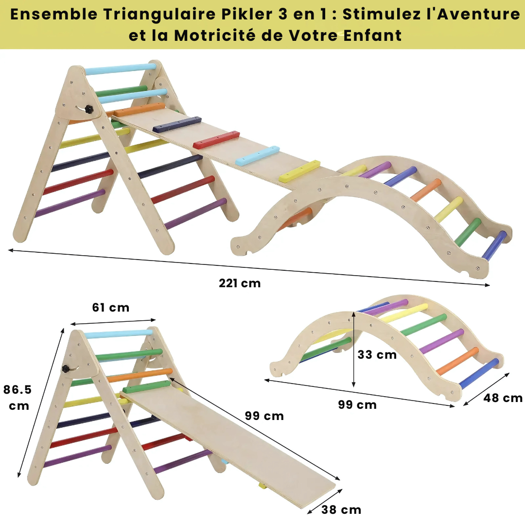 Parcours de Motricité 3-en-1 - Échelle, Toboggan et Escalade en Bois Naturel